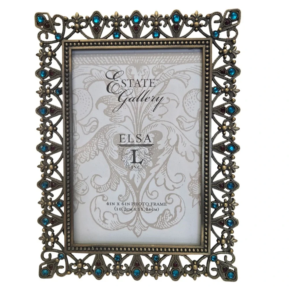 Jeweled/Rhinestone Gold Look Metal Picture Frame Holds 4X6 Photo Elsa L Inc